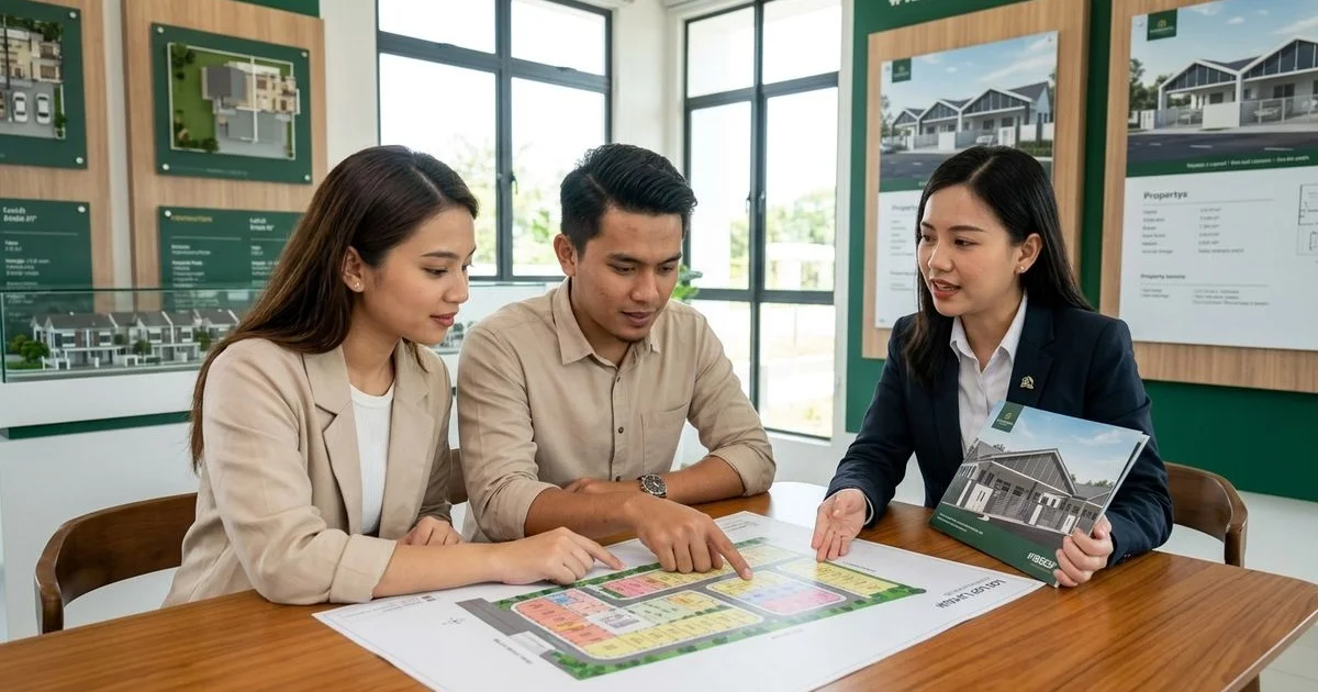 Pasangan Melayu menyemak pelan lot perumahan